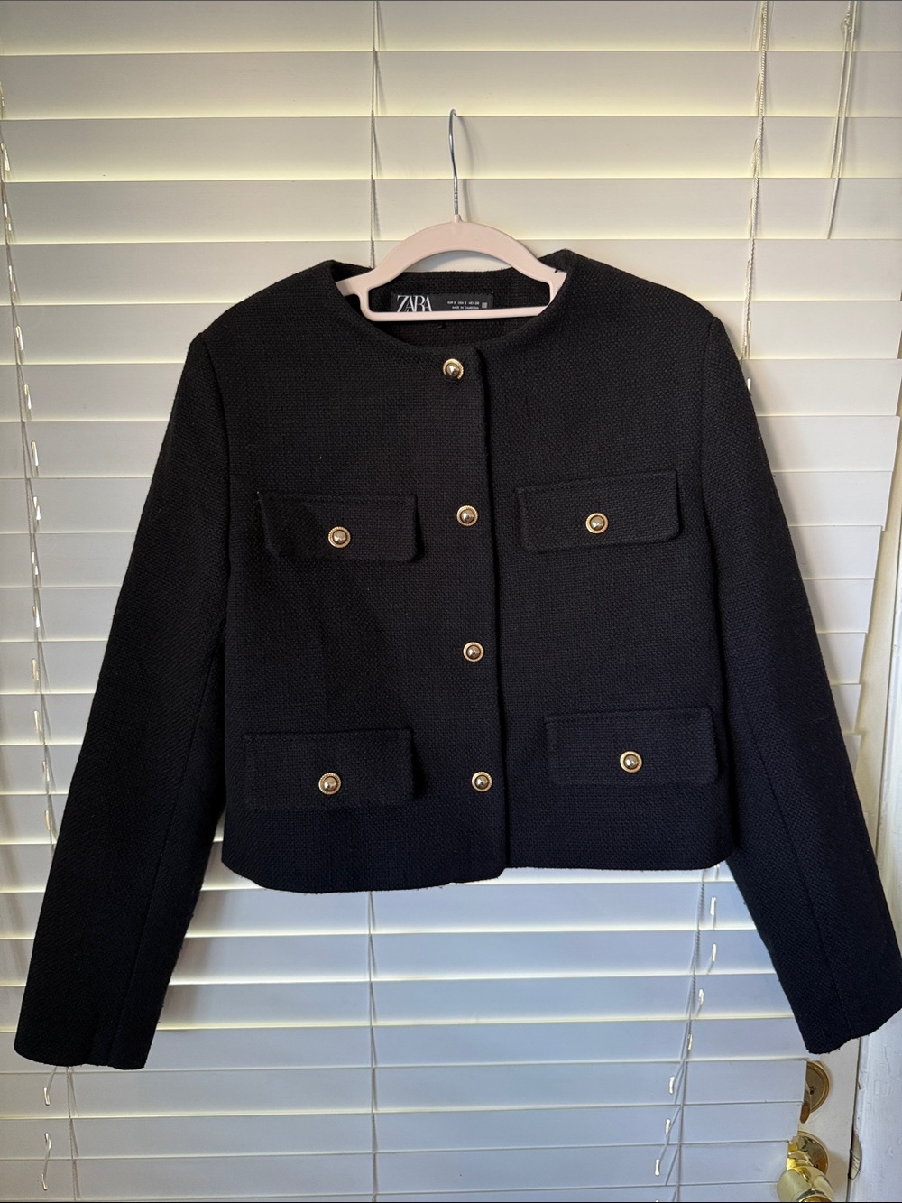 Zara Black Textured Cropped Blazer with Gold Buttons